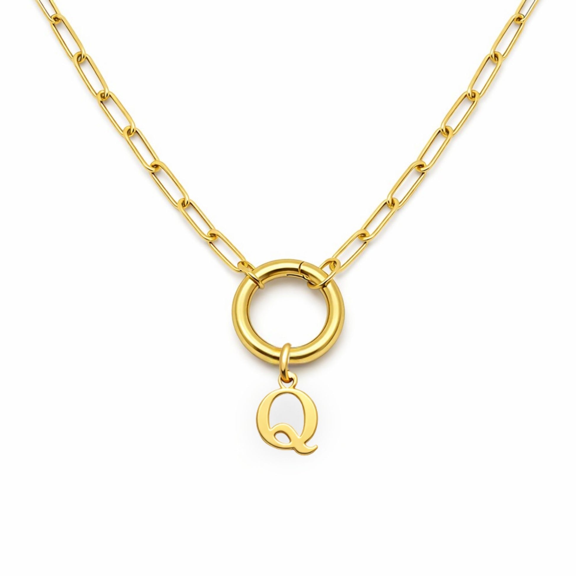 PaperclipLinkCircleCarabinerIntialLetterCharmHolderNecklaceforWomenStainlessSteel20"GingerLyne_Gold-Q-1