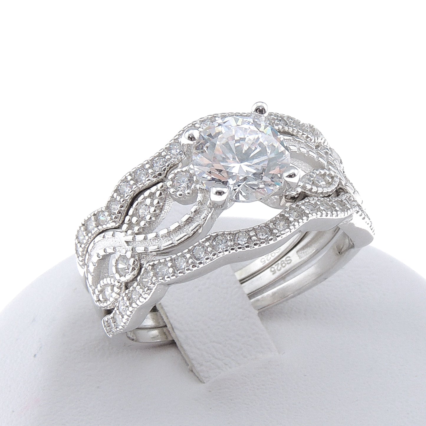 BridalSetEngagementRingTwoWeddingBandSterlingSilverBandsGingerLyneCollection_Silver-5