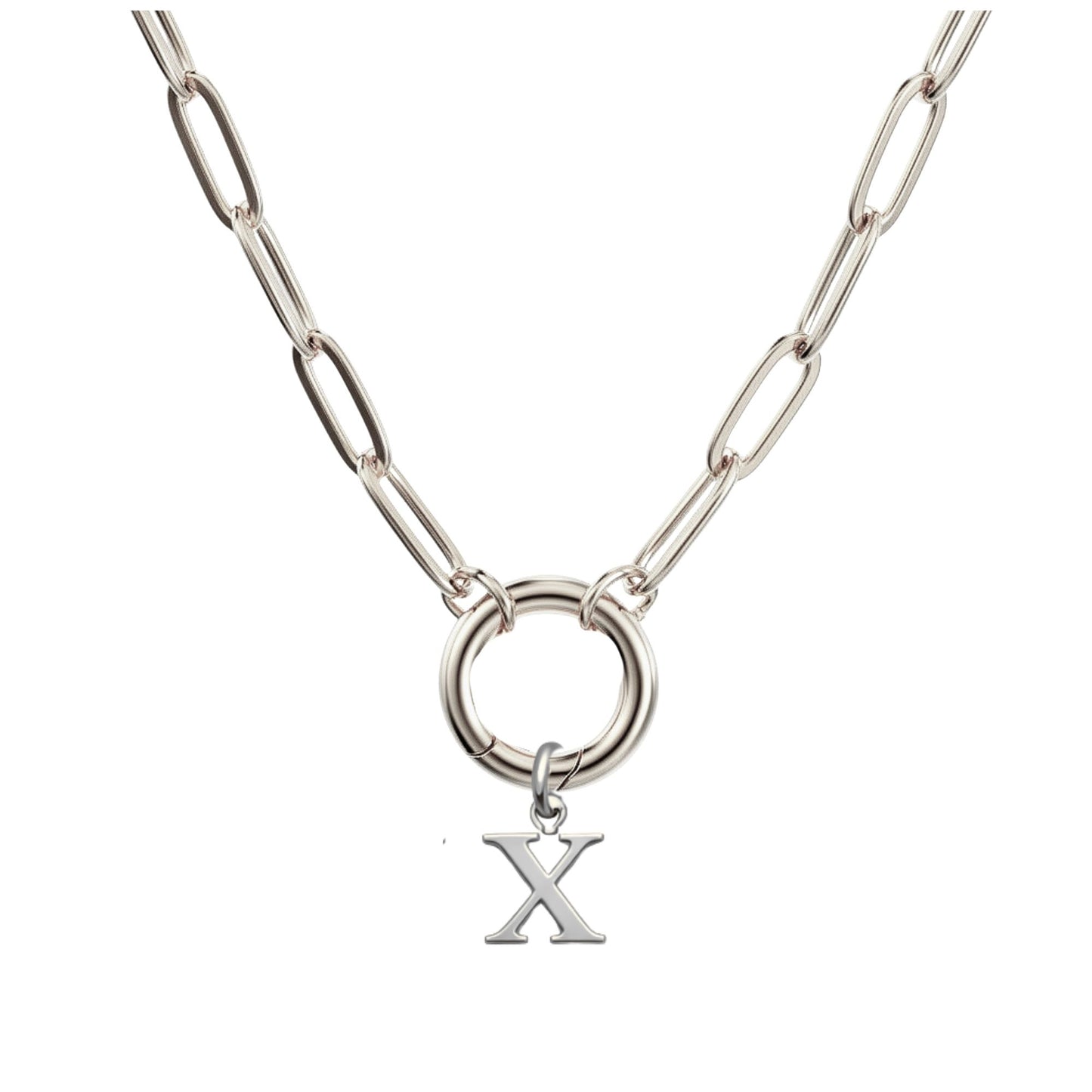 PaperclipLinkCircleCarabinerIntialLetterCharmHolderNecklaceforWomenStainlessSteel20"GingerLyne_Silver-X-1