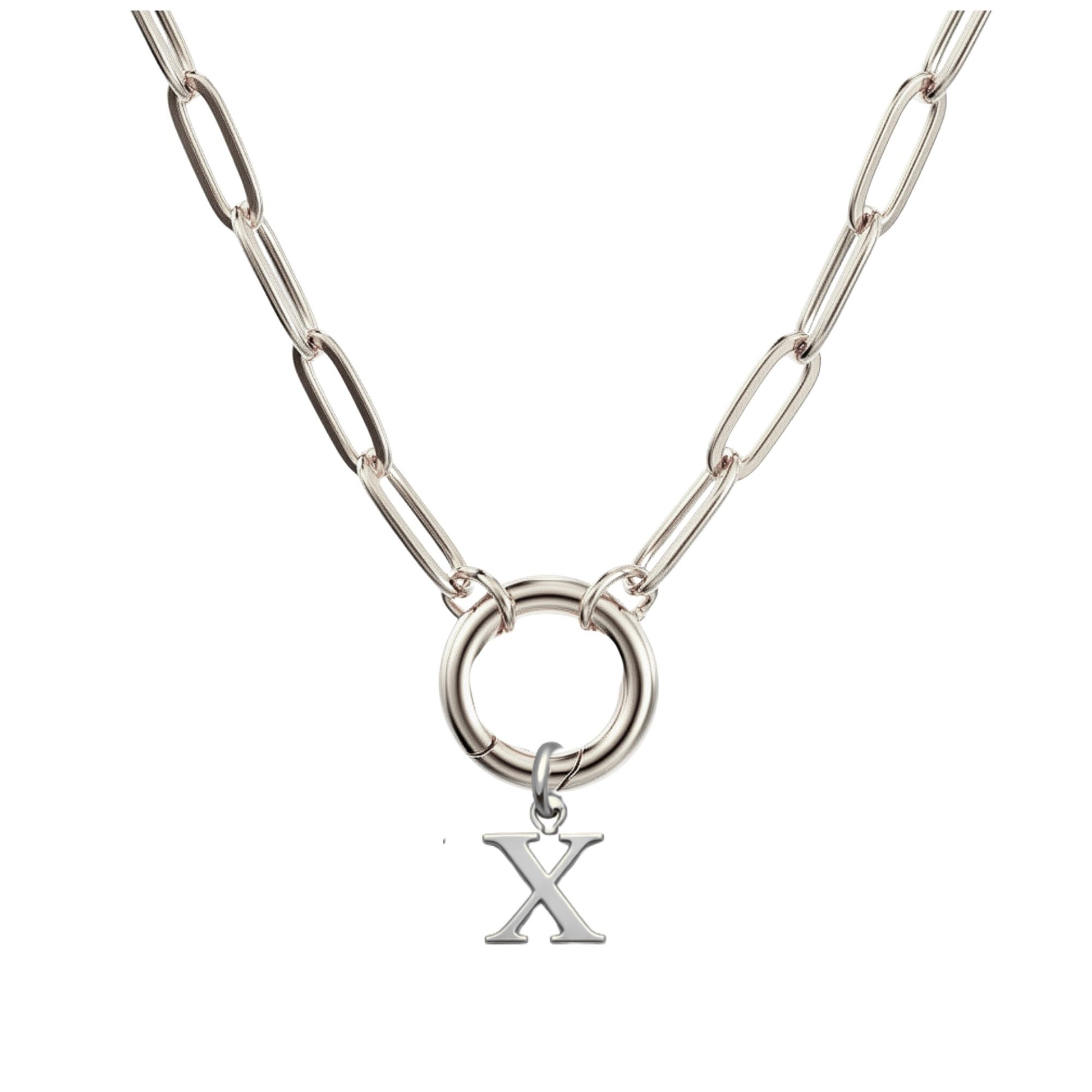 PaperclipLinkCircleCarabinerIntialLetterCharmHolderNecklaceforWomenStainlessSteel20"GingerLyne_Silver-X-1
