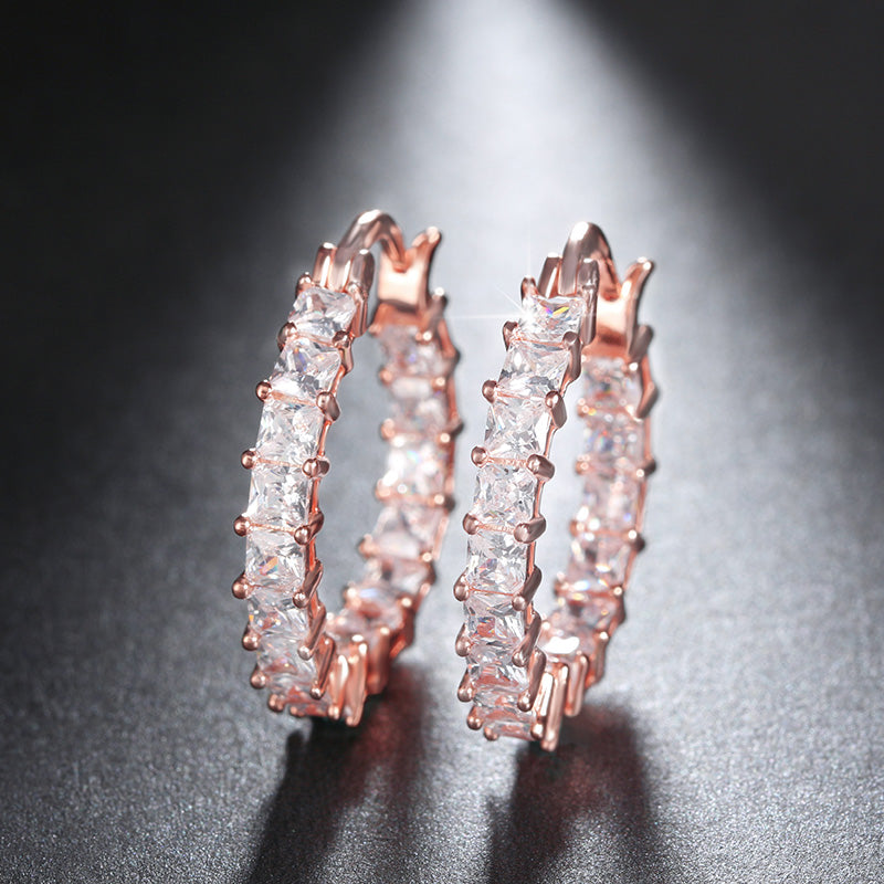 Hoop Earrings for Women Princess Cubic Zirconia White Gold Plated Ginger Lyne Collection - Rose Gold