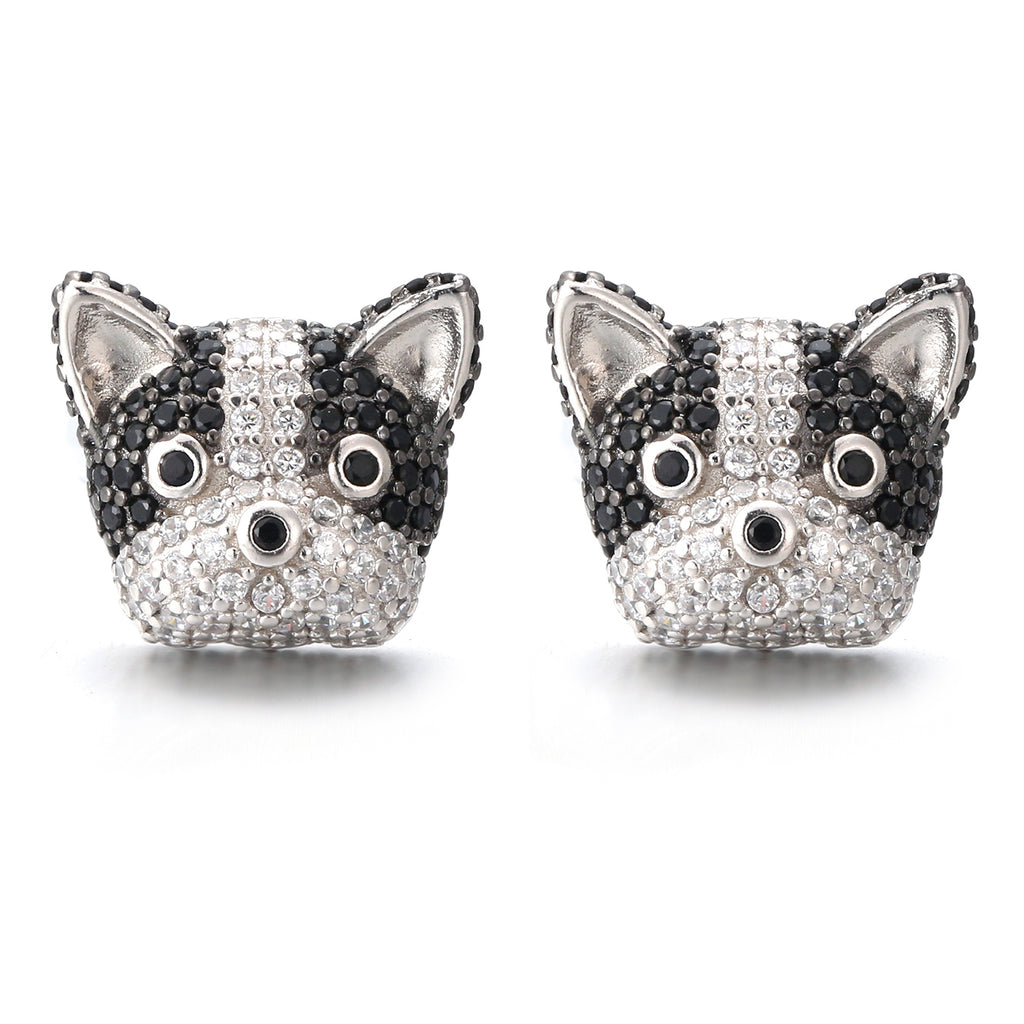 Boston Terrier Dog Stud Earrings for Women by Ginger Lyne Black Cz Sterling Silver