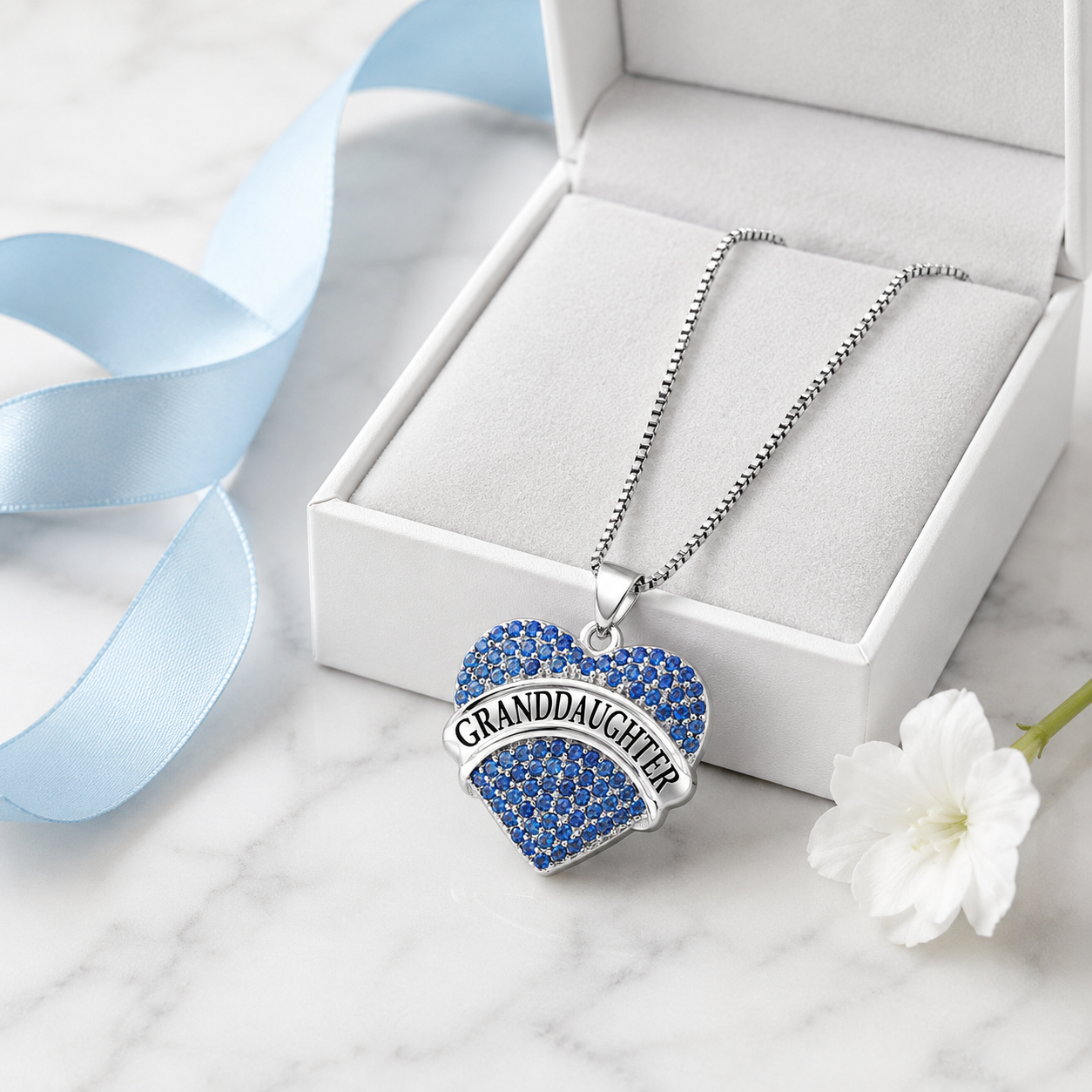 Granddaughter Necklace for Women by Ginger Lyne CZ Heart Pendant White Gold Plated - Blue