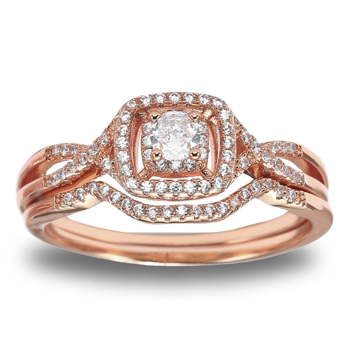 Sterling Silver Wedding Ring Set for Women Halo CZ Rose Gold Engagement Ring Ginger Lyne Collection - Rose Gold/Sterling Silver,6