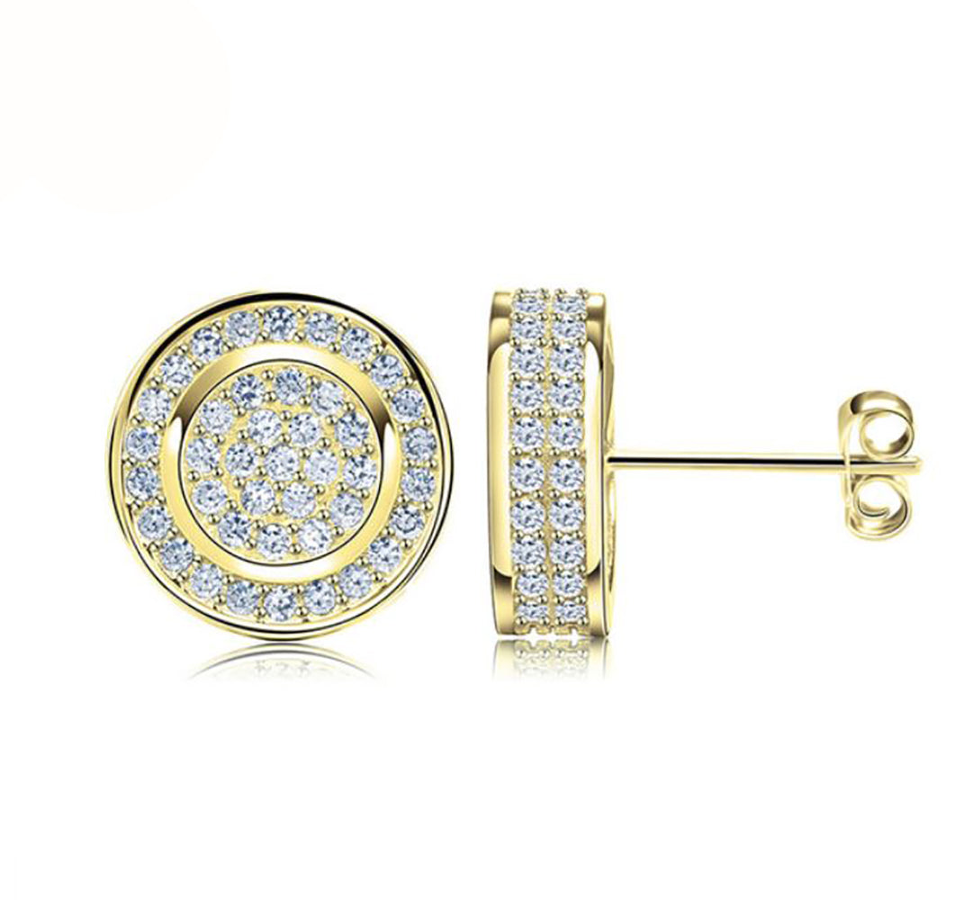 Round Stud Earrings for Women 3D CZ Iced Out White Gold Plated Ginger Lyne Collection - Gold