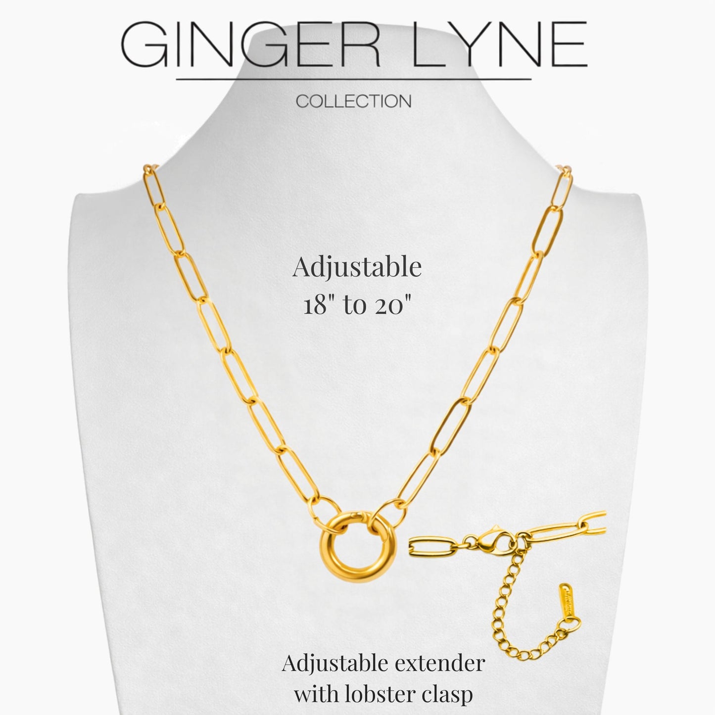 Carabiner Charm Necklace for Women Paperclip Chain Round Carabiner Holder Stainless Steel by Ginger Lyne - 14mm/Gold