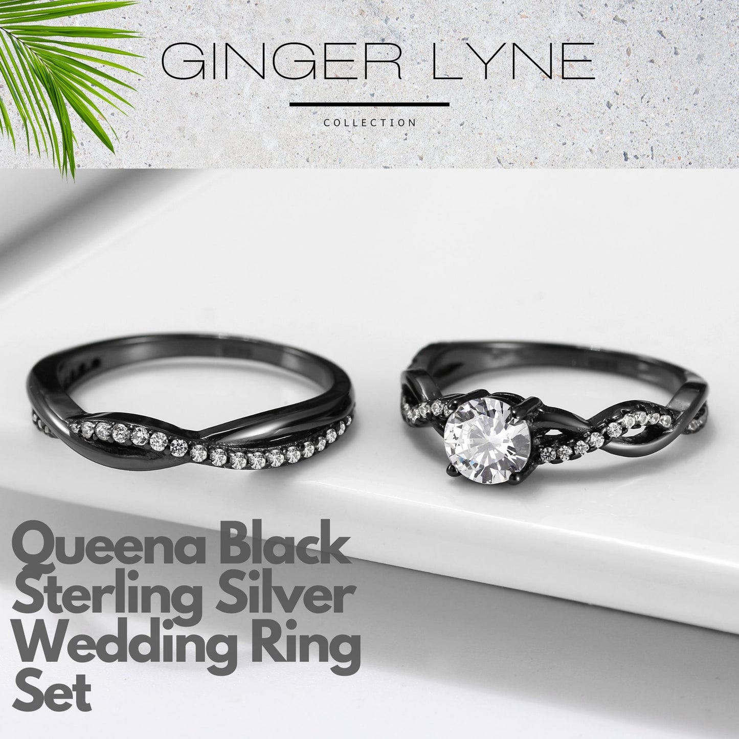 Queena Sterling Silver White Gold Wedding Ring Set for Women Cz Engagement Ring Eternity Band Ginger Lyne Collection