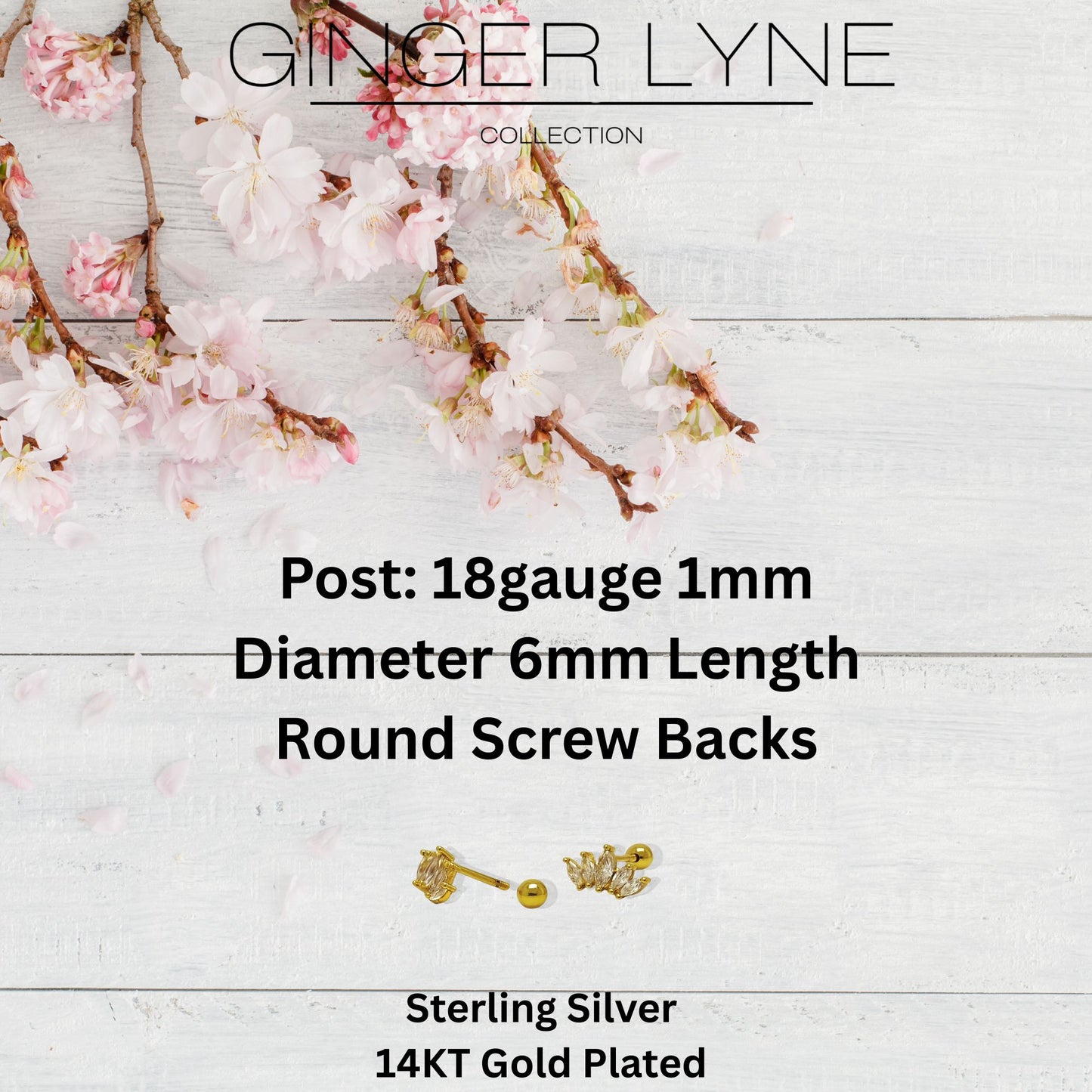 Marquise CZ Flat Back Earrings for Cartilage Helix Tragus Lobe 18g 6mm Post Sterling Silver 1 pair by Ginger Lyne - Gold