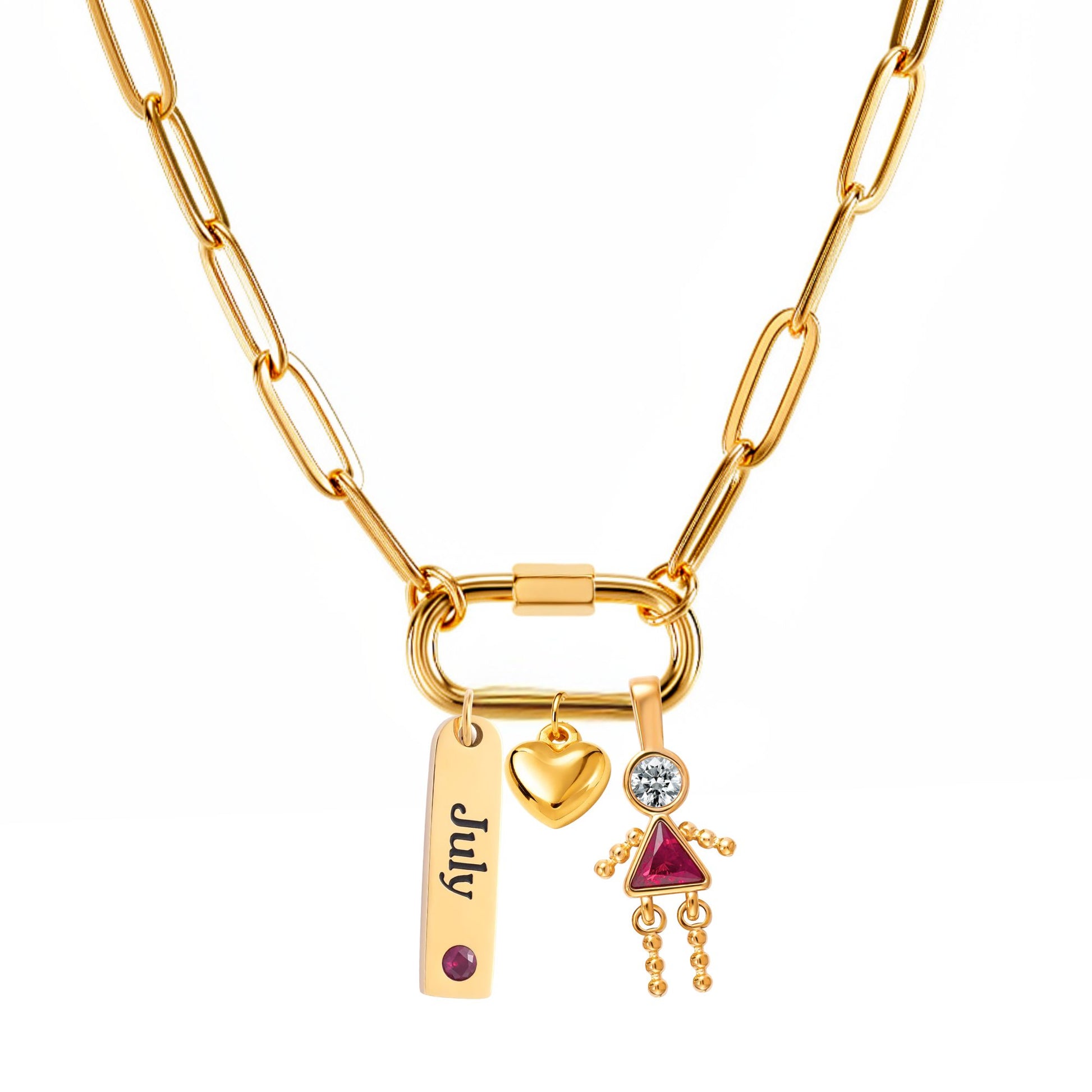 CarabinerFamilyBirthstoneNecklaceforMomorGrandmabyGingerLyneStainlessSteelCZBirthdayCharms_Female-July-Gold-1