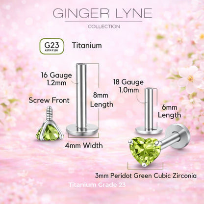 Small Heart CZ Solitaire Flat Back Stud Earrings Titanium Body Piercings by Ginger Lyne 2 Sets Post 6mm 8mm - 3mm-PeridotGreen