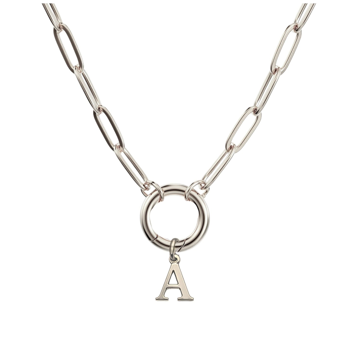 PaperclipLinkCircleCarabinerIntialLetterCharmHolderNecklaceforWomenStainlessSteel20"GingerLyne_Silver-A-1