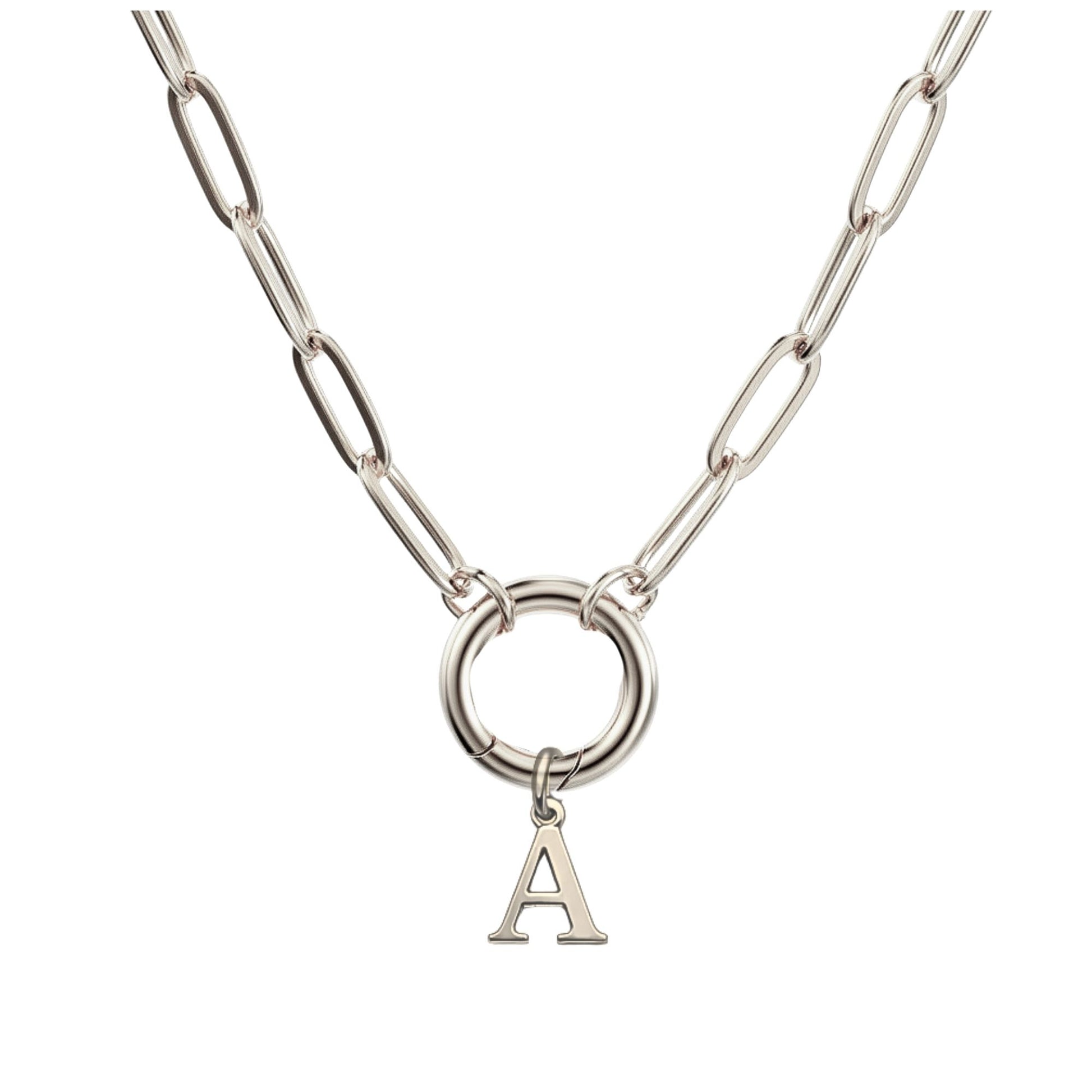 PaperclipLinkCircleCarabinerIntialLetterCharmHolderNecklaceforWomenStainlessSteel20"GingerLyne_Silver-A-1