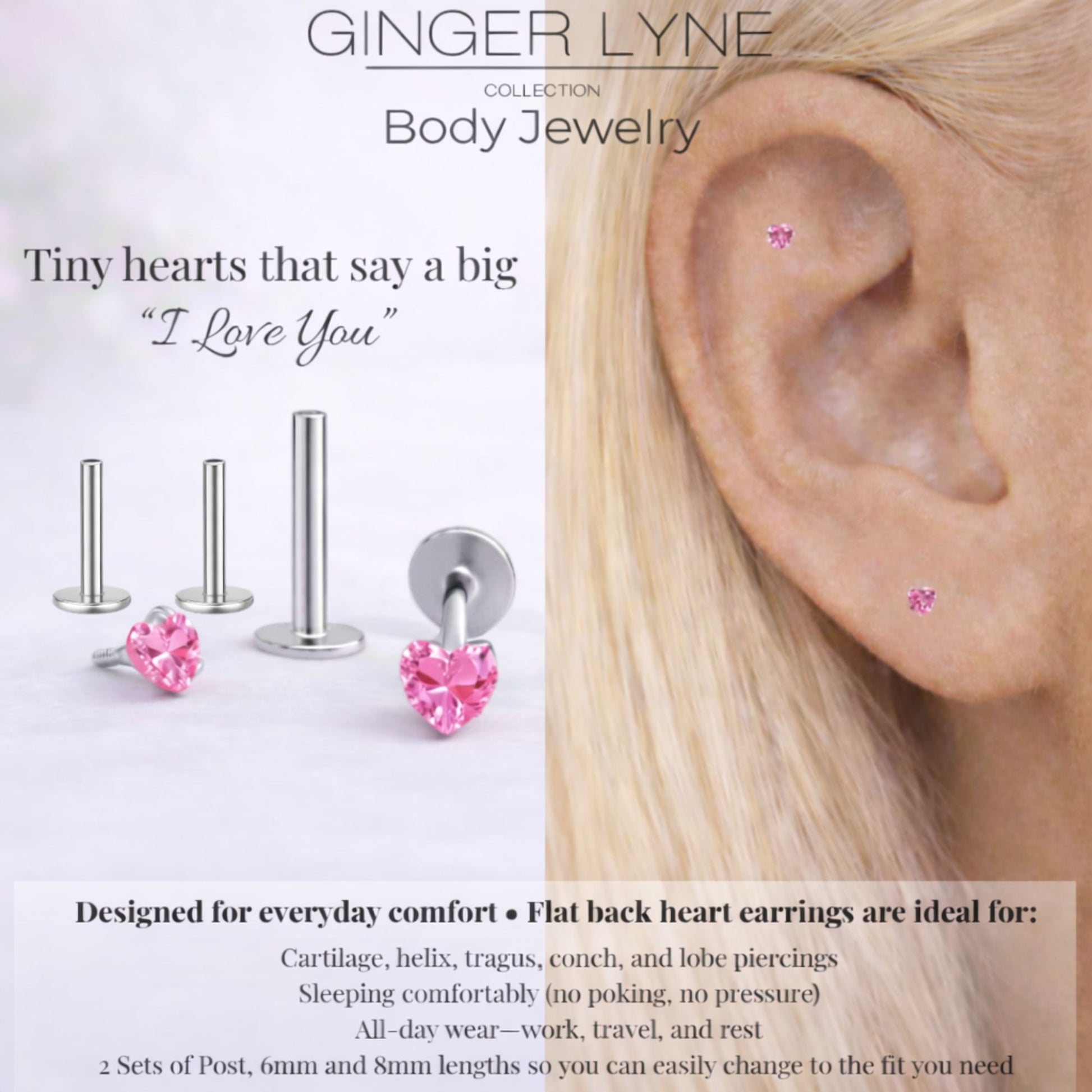 Small Heart CZ Solitaire Flat Back Stud Earrings Titanium Body Piercings by Ginger Lyne 2 Sets Post 6mm 8mm - 3mm-Pink