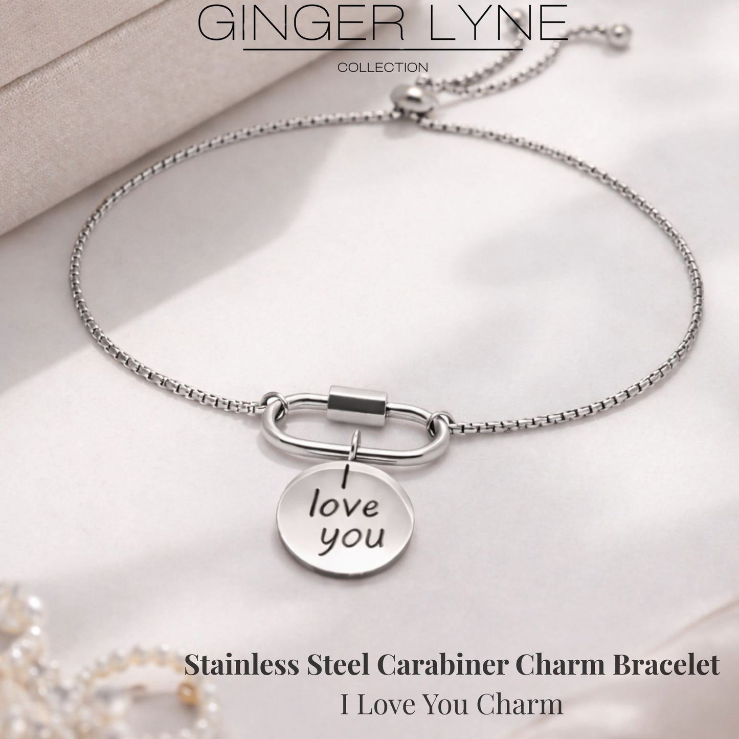 Carabiner Charm Bracelet with I Love You Charm by Ginger Lyne Adjustable Stainless Steel Chain - Silver Tone