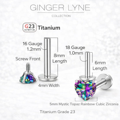 Small Heart CZ Solitaire Flat Back Stud Earrings Body Piercings by Ginger Lyne 2 Sets Post 6mm 8mm Included - 5mm-MysticRainbow