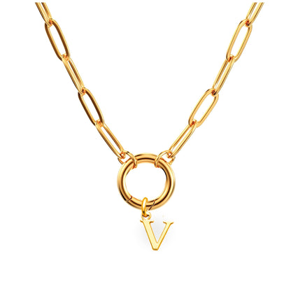 PaperclipLinkCircleCarabinerIntialLetterCharmHolderNecklaceforWomen18ktGoldPlatedStainlessSteelGingerLyne_Gold-V-1