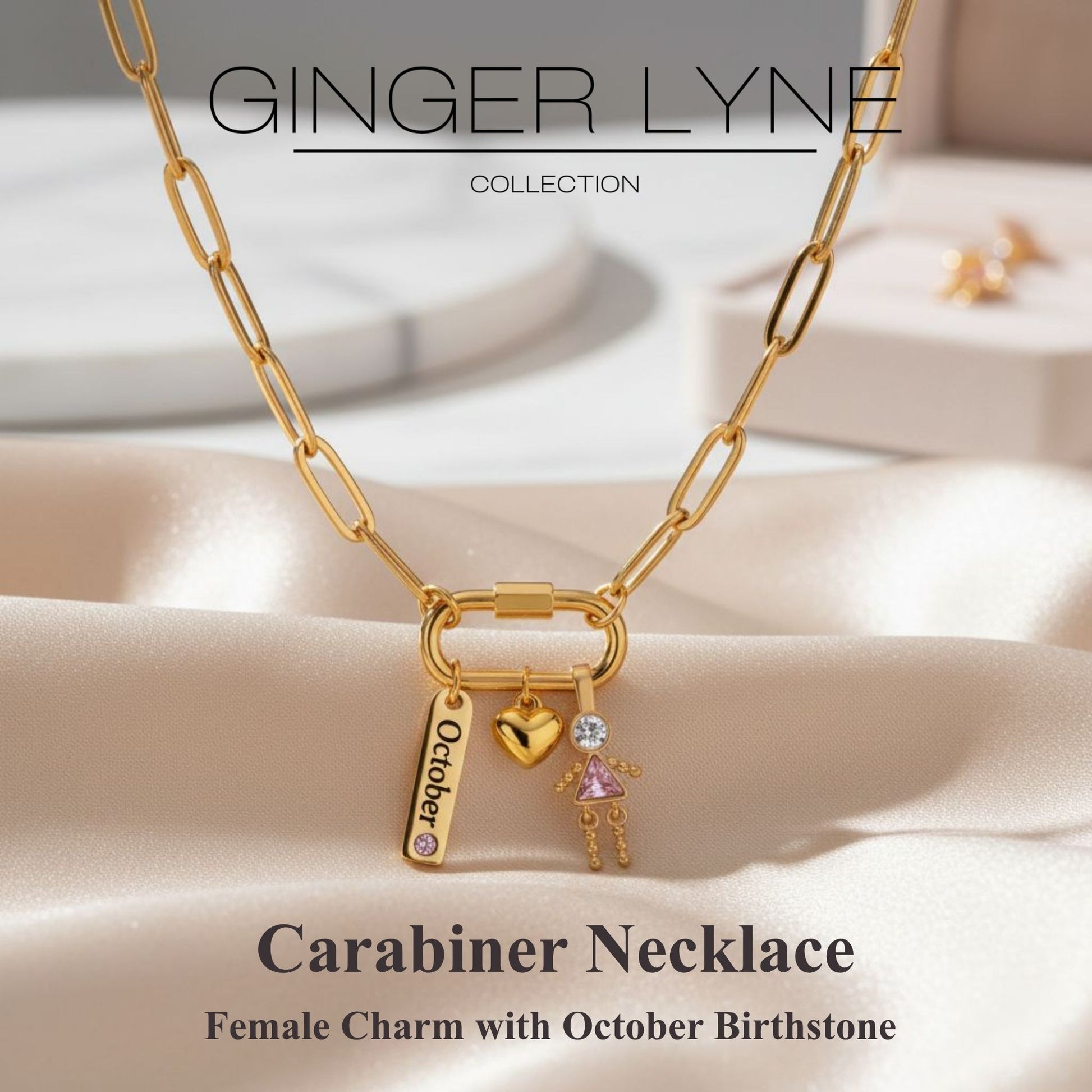 Carabiner Family Birthstone Necklace for Mom or Grandma by Ginger Lyne Stainless Steel CZ Birthday Charms_Female-October-Gold-2