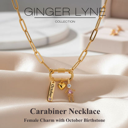 Carabiner Family Birthstone Necklace for Mom or Grandma by Ginger Lyne Stainless Steel CZ Birthday Charms_Female-October-Gold-2