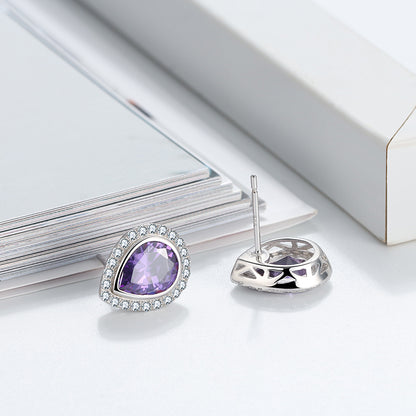 Halo Teardrop Stud Earrings for Women Sterling Silver Purple Cz Ginger Lyne Collection