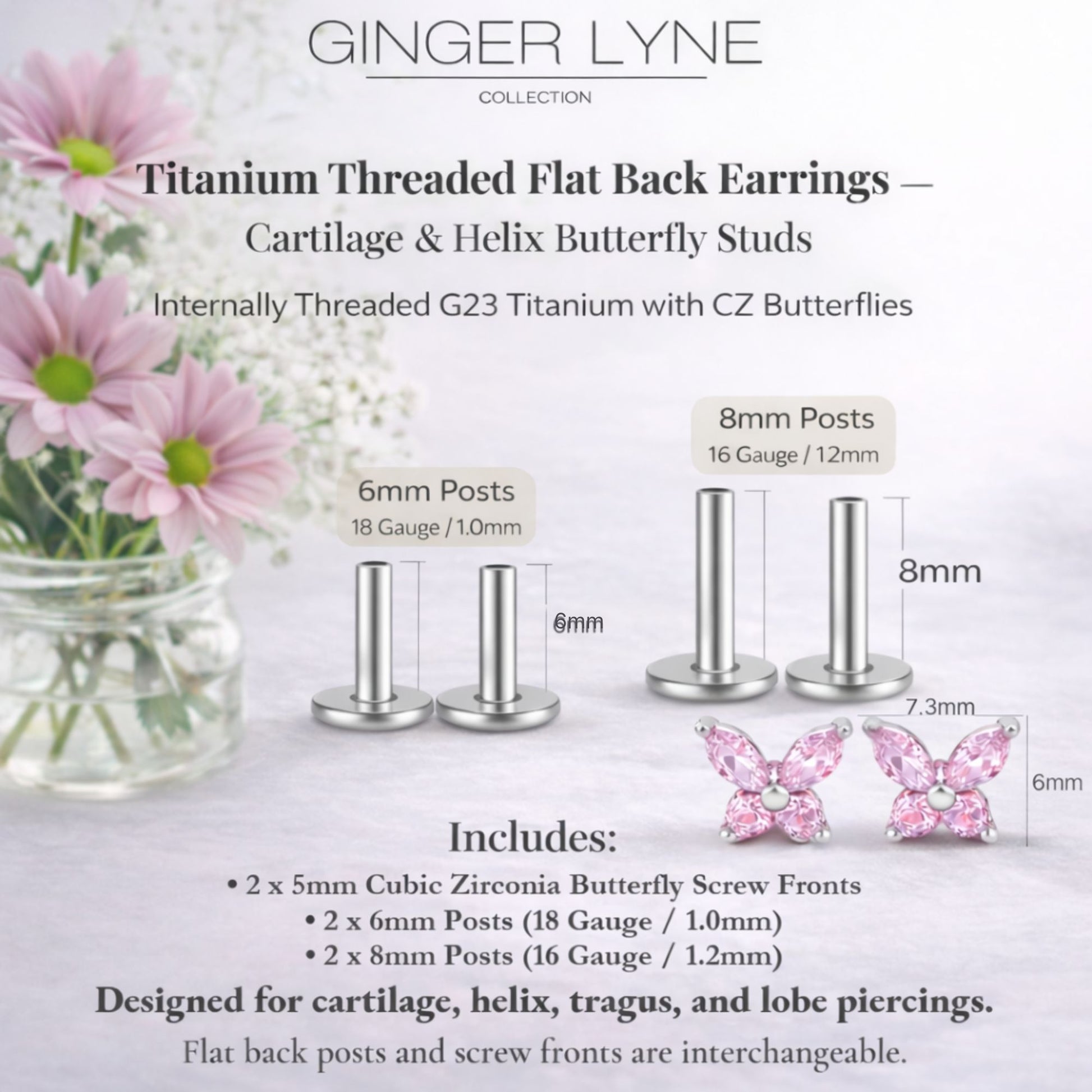 Small Butterfly CZ Solitaire Flat Back Stud Earrings Titanium Body Piercings by Ginger Lyne 2 Sets Post 6mm 8mm - Pink
