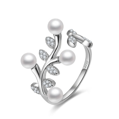 Leaf Simulated Pearl Adjustable Wrap Ring for Women 925 Sterling Silver Ginger Lyne Collection