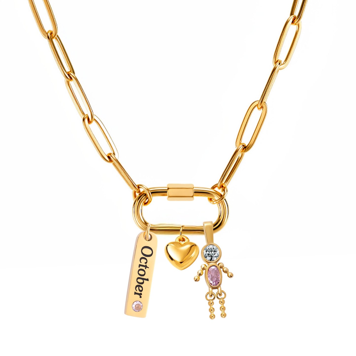 CarabinerFamilyBirthstoneNecklaceforMomorGrandmabyGingerLyneStainlessSteelCZBirthdayCharms_Male-October-Gold-1