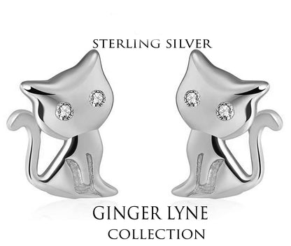 Kitty Cat Stud Earrings for Women Sterling Silver Cubic Zirconia Ginger Lyne Collection - Silver