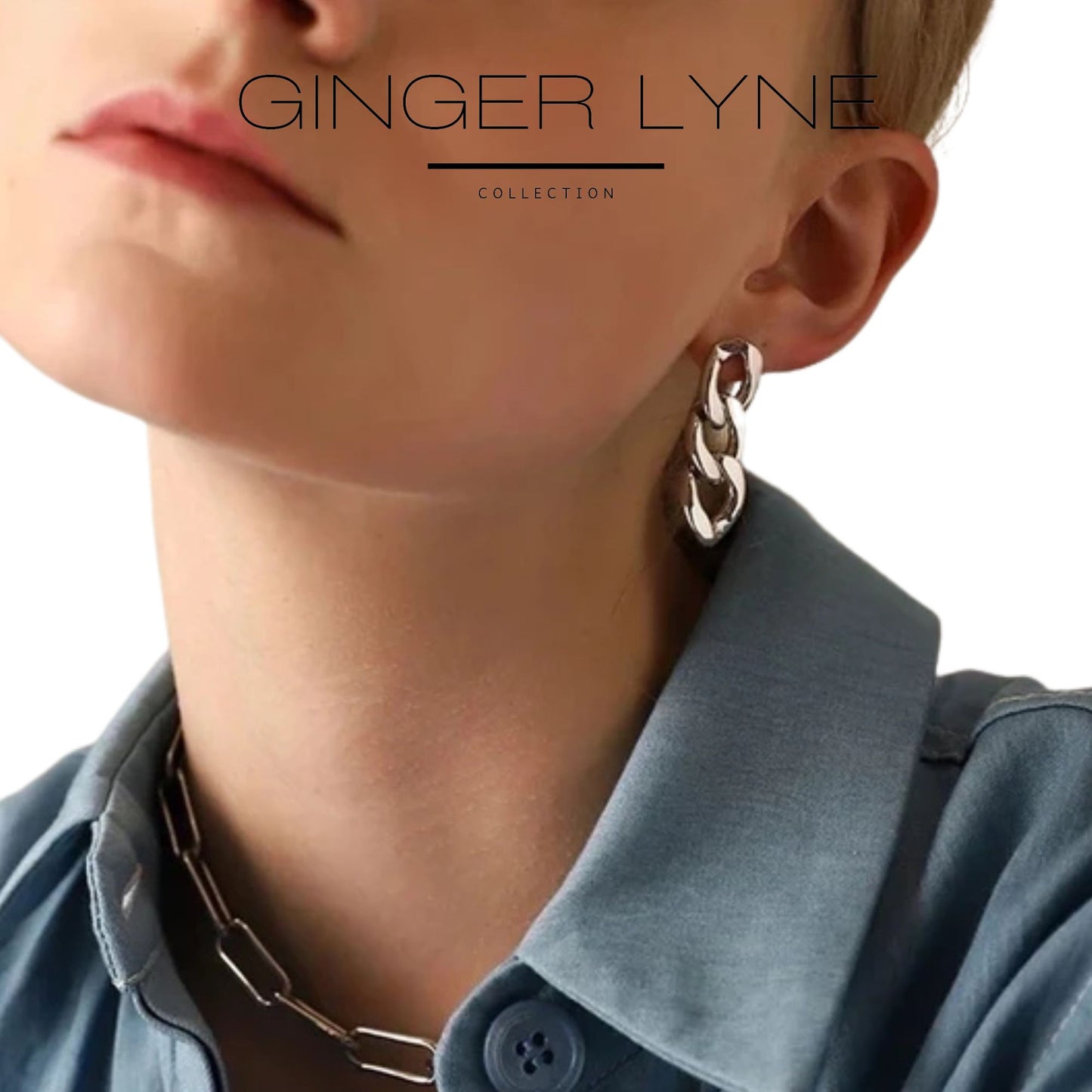Cuban Chain Link Dangle Chunky Earrings for Women Gold or Silver Stainless Steel Ginger Lyne Collection - Silver