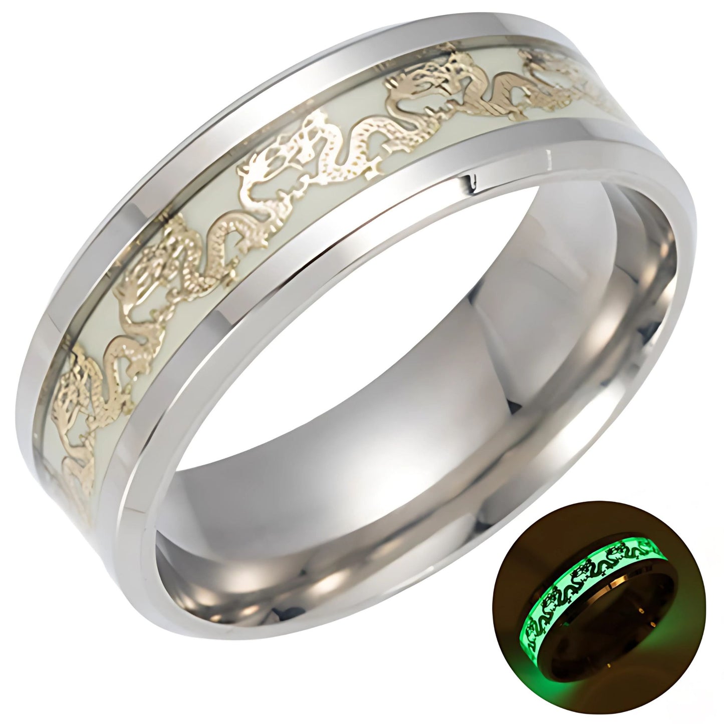 GlowinDarkDragonStainlessSteelWeddingBandRingMenWomenGingerLyneCollection_Silver-1