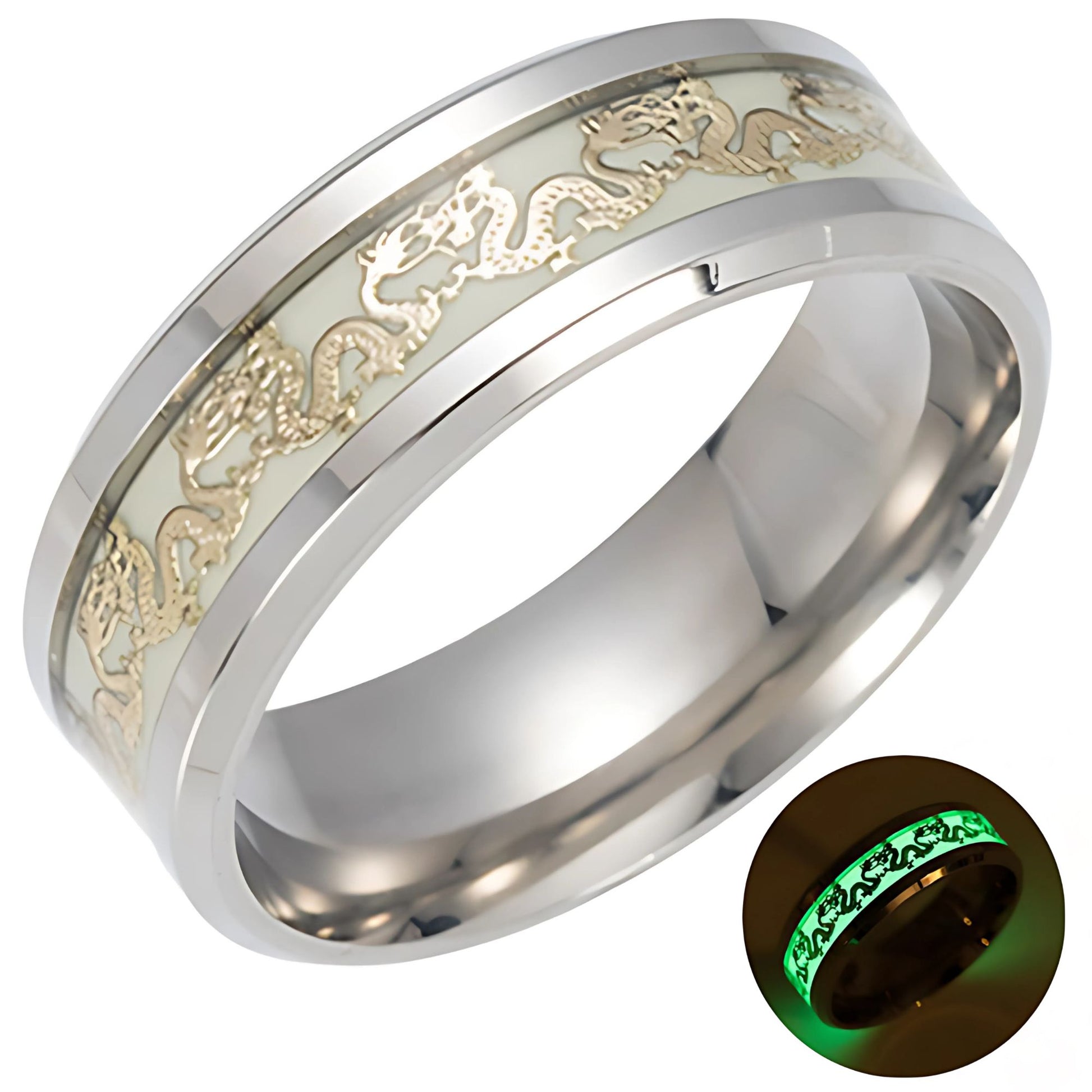 GlowinDarkDragonStainlessSteelWeddingBandRingMenWomenGingerLyneCollection_Silver-1