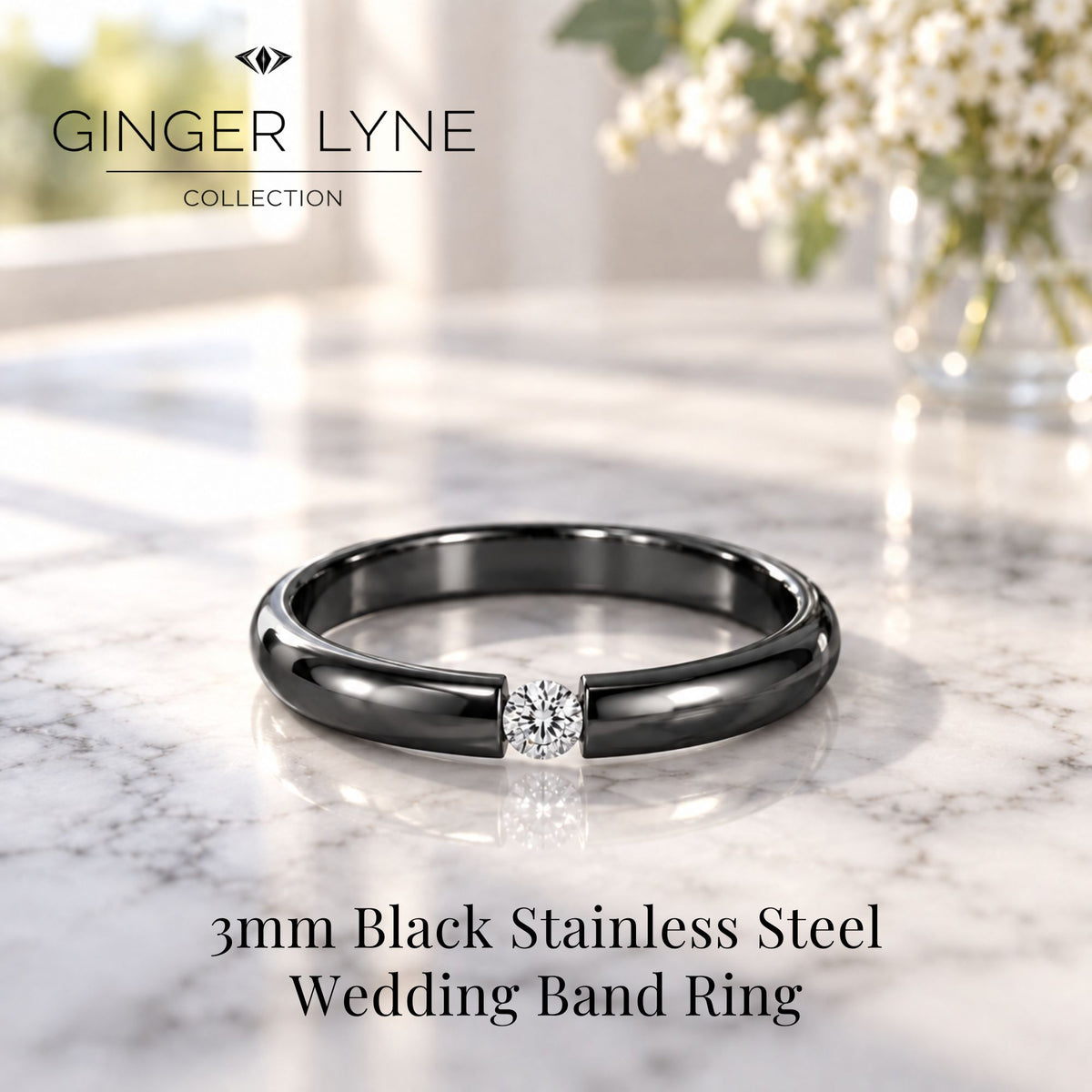 BlackWeddingBandRingforWomenorMen3mmStainlessSteelCZGingerLyneSize5_Black-2