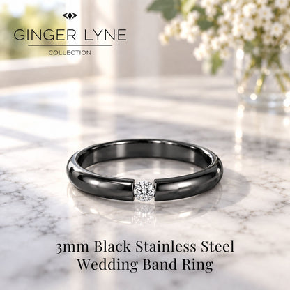 BlackWeddingBandRingforWomenorMen3mmStainlessSteelCZGingerLyneSize5_Black-2