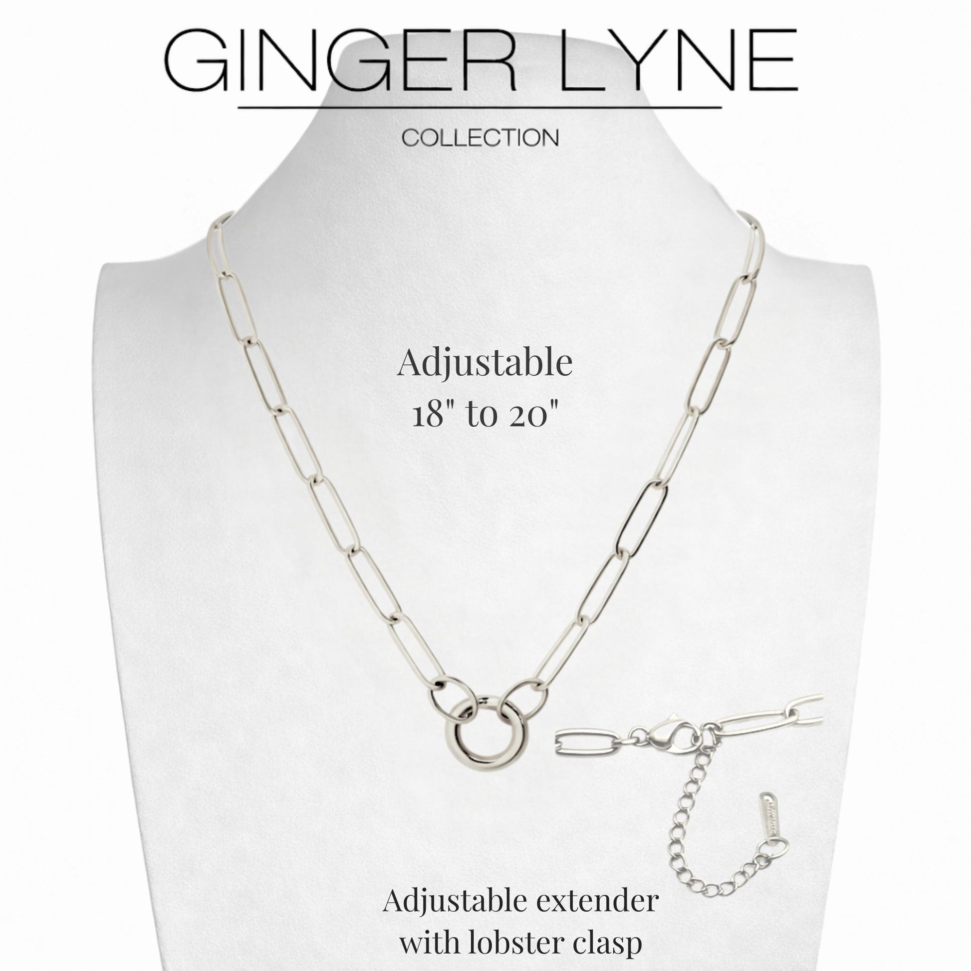 Carabiner Charm Necklace for Women Paperclip Chain Round Carabiner Holder Stainless Steel by Ginger Lyne - 14mm/Silver