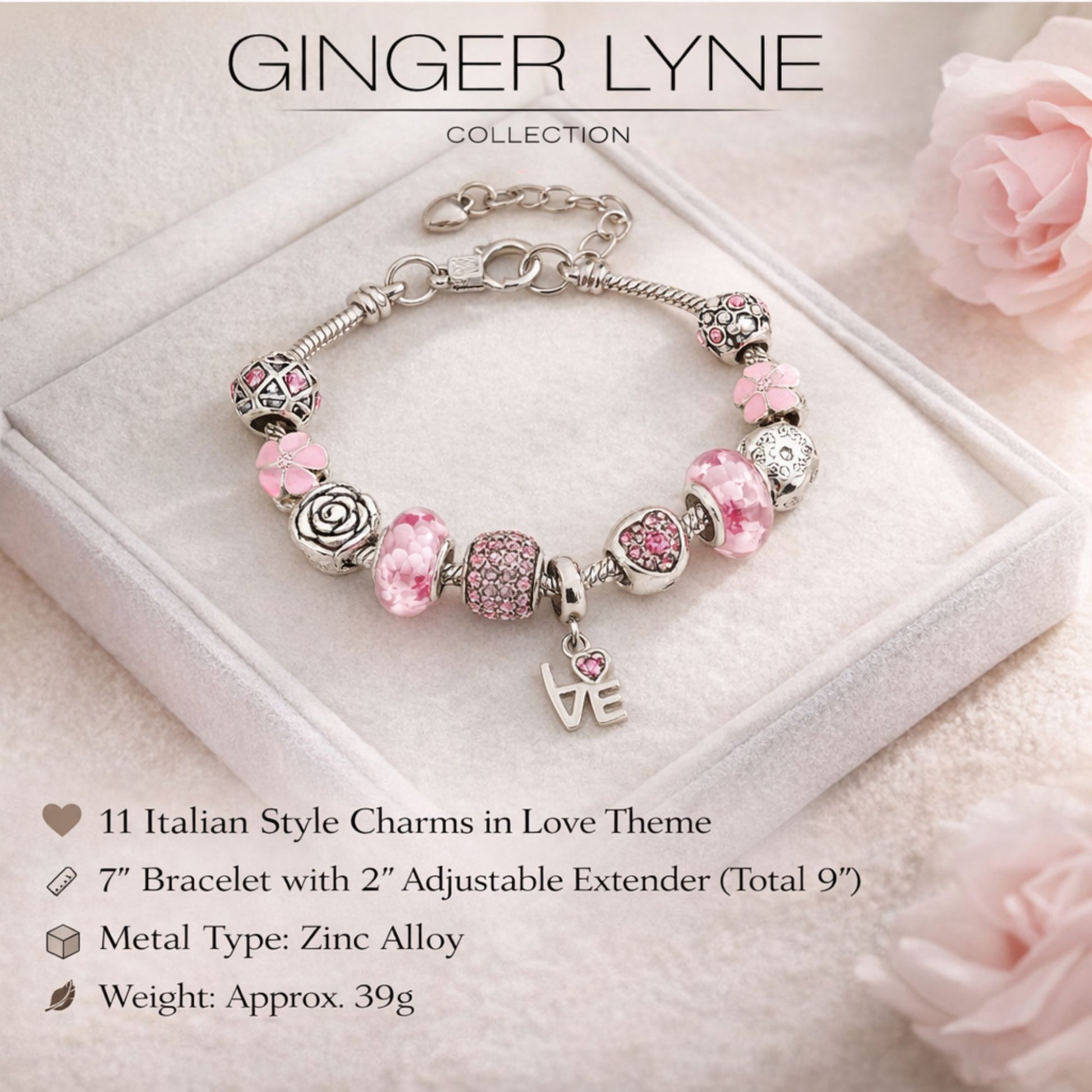 LoveThemeCharmBraceletforWomenbyGingerLyne9"AlloyPinkItalianStyleBeadsValentinesGifts_Pink-2