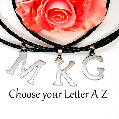 Initial Letter Necklace PU Leather Stainless Steel Men Women Ginger Lyne Collection - W