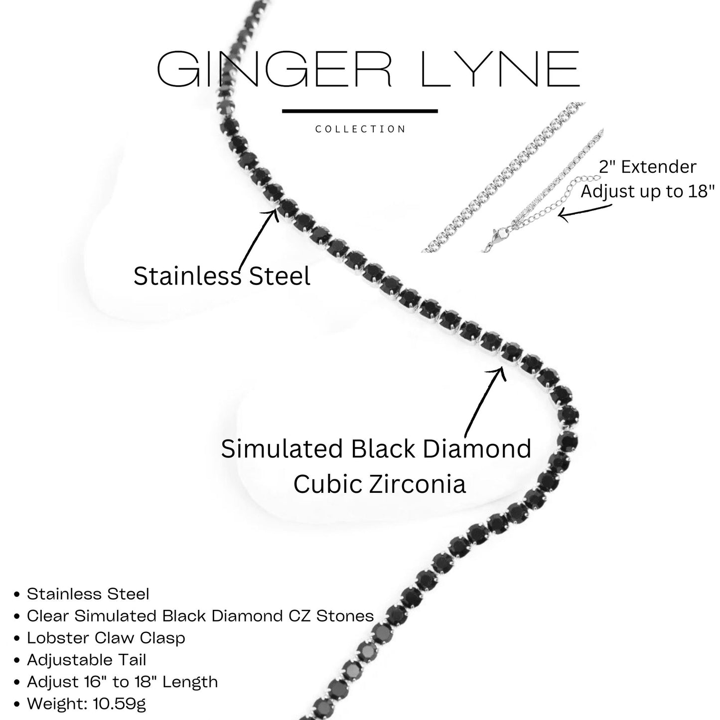 Tennis Necklace for Women 3mm Black or Clear Cubic Zirconia Choker 16-18" Adjust Length Stainless Steel - Black