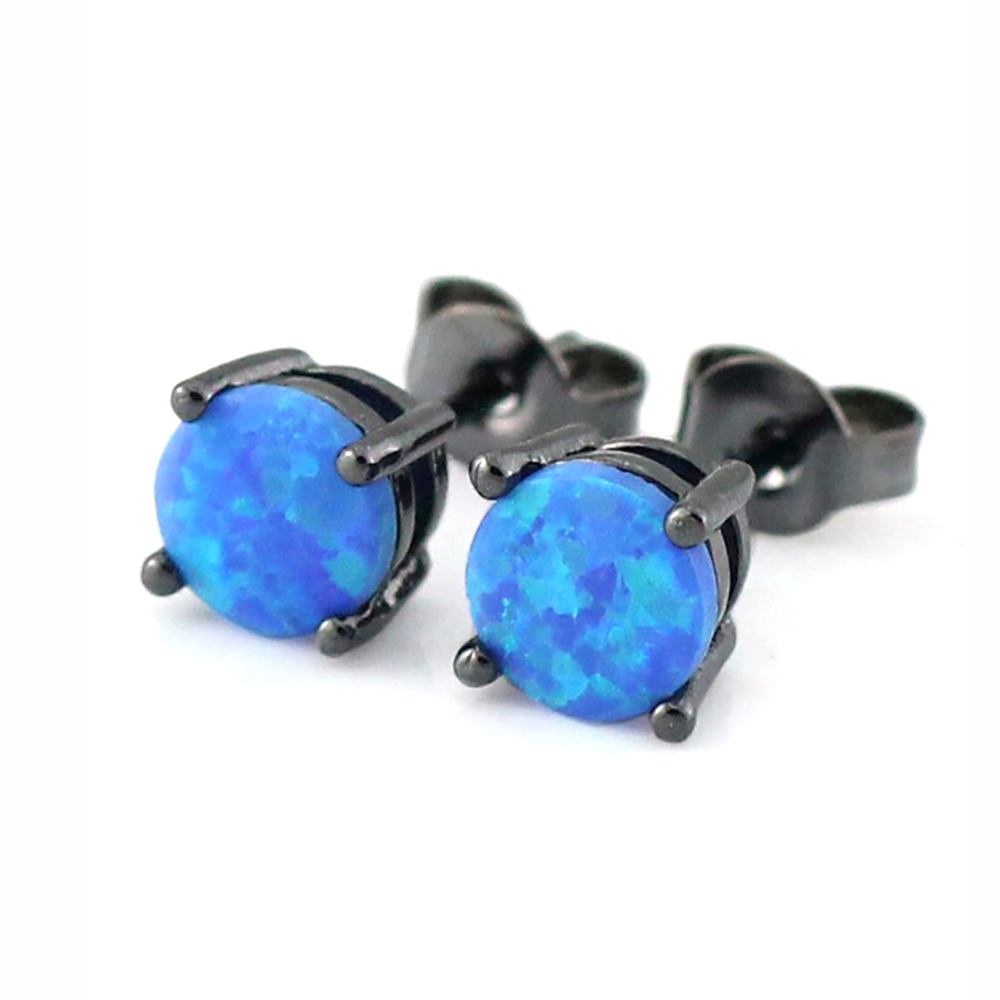 Blue Created Fire Opal Stud Earrings Black Plated for Women by Ginger Lyne Collection - Black/Blue