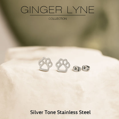 Ginger Lyne Paw Print Earrings for Women Pet Dog or Cat Lover Stainless Steel Stud - Silver Tone