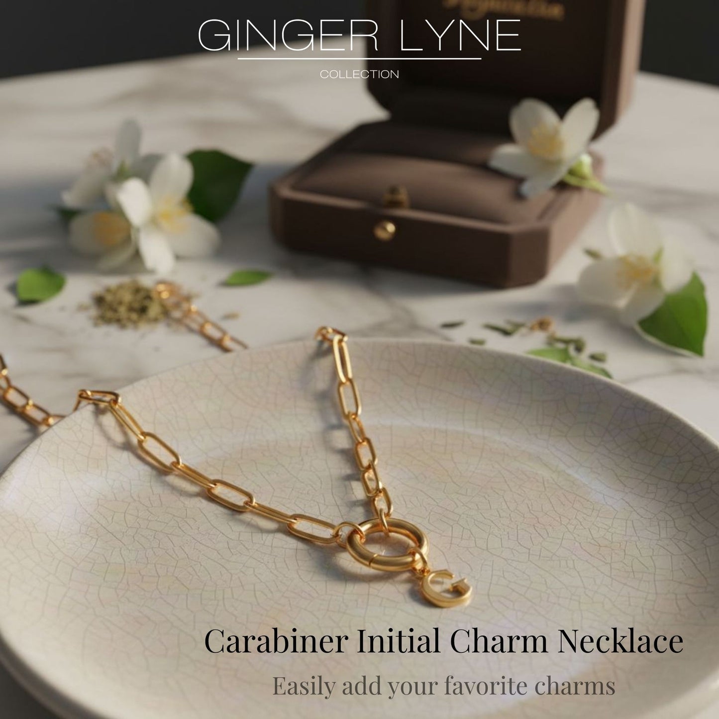Paperclip Link Circle Carabiner Intial Letter Charm Holder Necklace for Women 18kt Gold Plated Stainless Steel Ginger Lyne