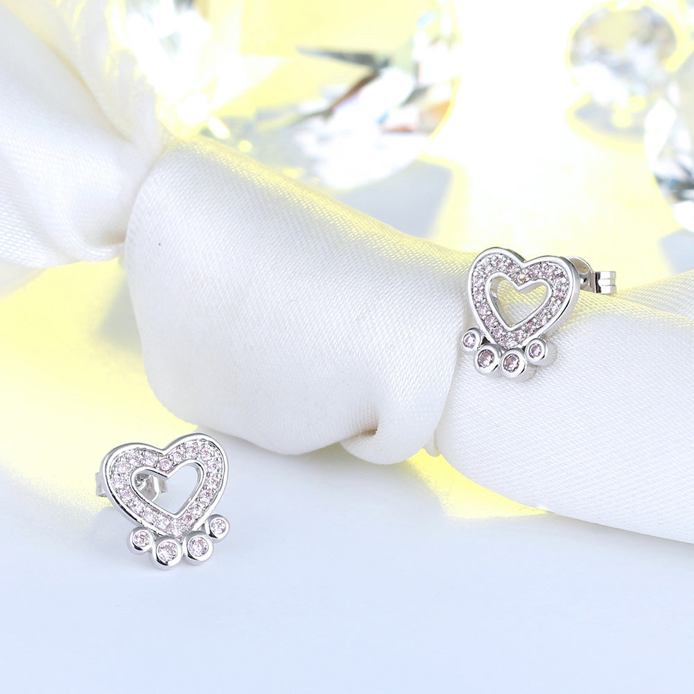 Paw Print Stud Earrings for Women Sterling Silver Clear CZ 10mm Dog Paw Studs Gift for Dog Mom by Ginger Lyne - Clear
