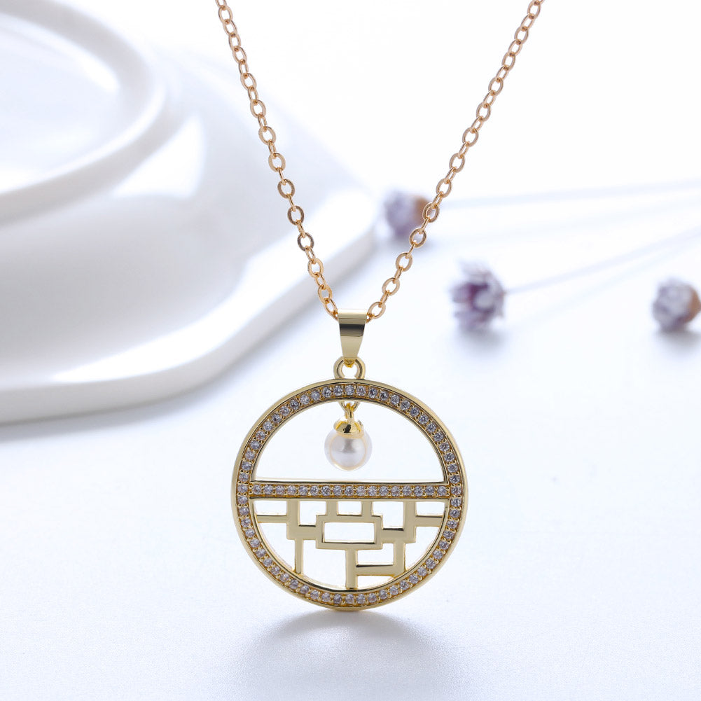 Flower Window Pattern Pendant Necklace for Women Cz Simulated Pearl Ginger Lyne Collection - Yellow Gold