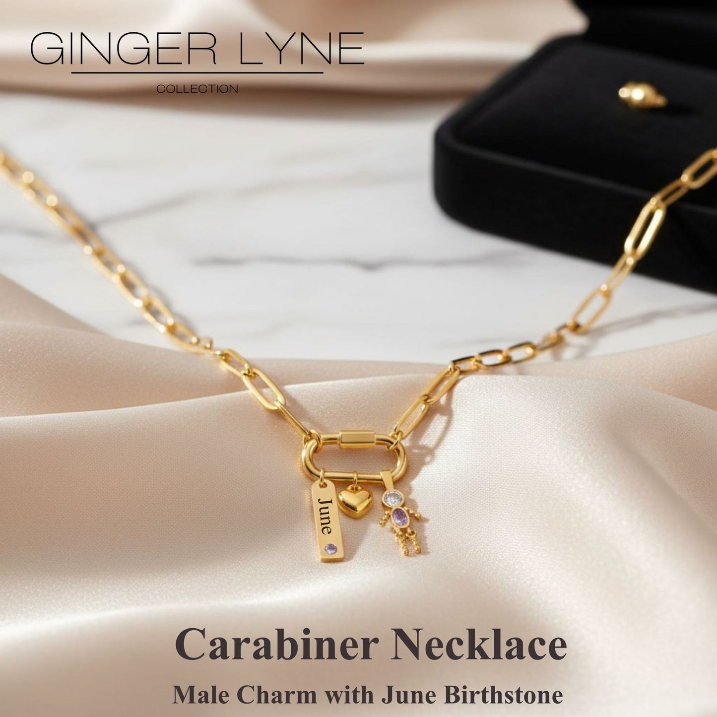 Carabiner Family Birthstone Necklace for Mom or Grandma by Ginger Lyne Stainless Steel CZ Birthday Charms_Male-June-Gold-2