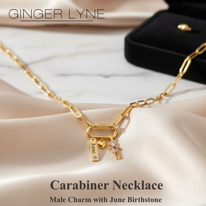 Carabiner Family Birthstone Necklace for Mom or Grandma by Ginger Lyne Stainless Steel CZ Birthday Charms_Male-June-Gold-2
