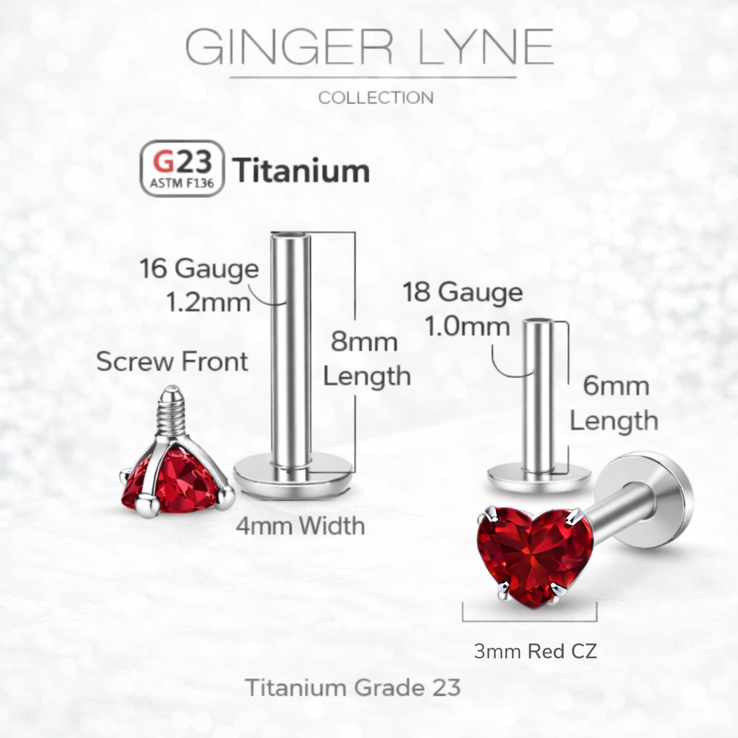 Small Heart CZ Solitaire Flat Back Stud Earrings Body Piercings by Ginger Lyne 2 Sets Post 6mm 8mm Included - 3mm-Red