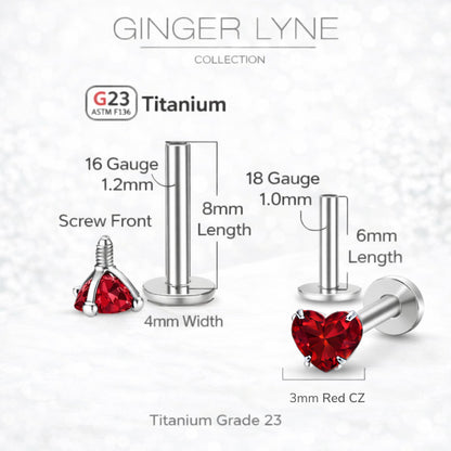 Small Heart CZ Solitaire Flat Back Stud Earrings Body Piercings by Ginger Lyne 2 Sets Post 6mm 8mm Included - 3mm-Red