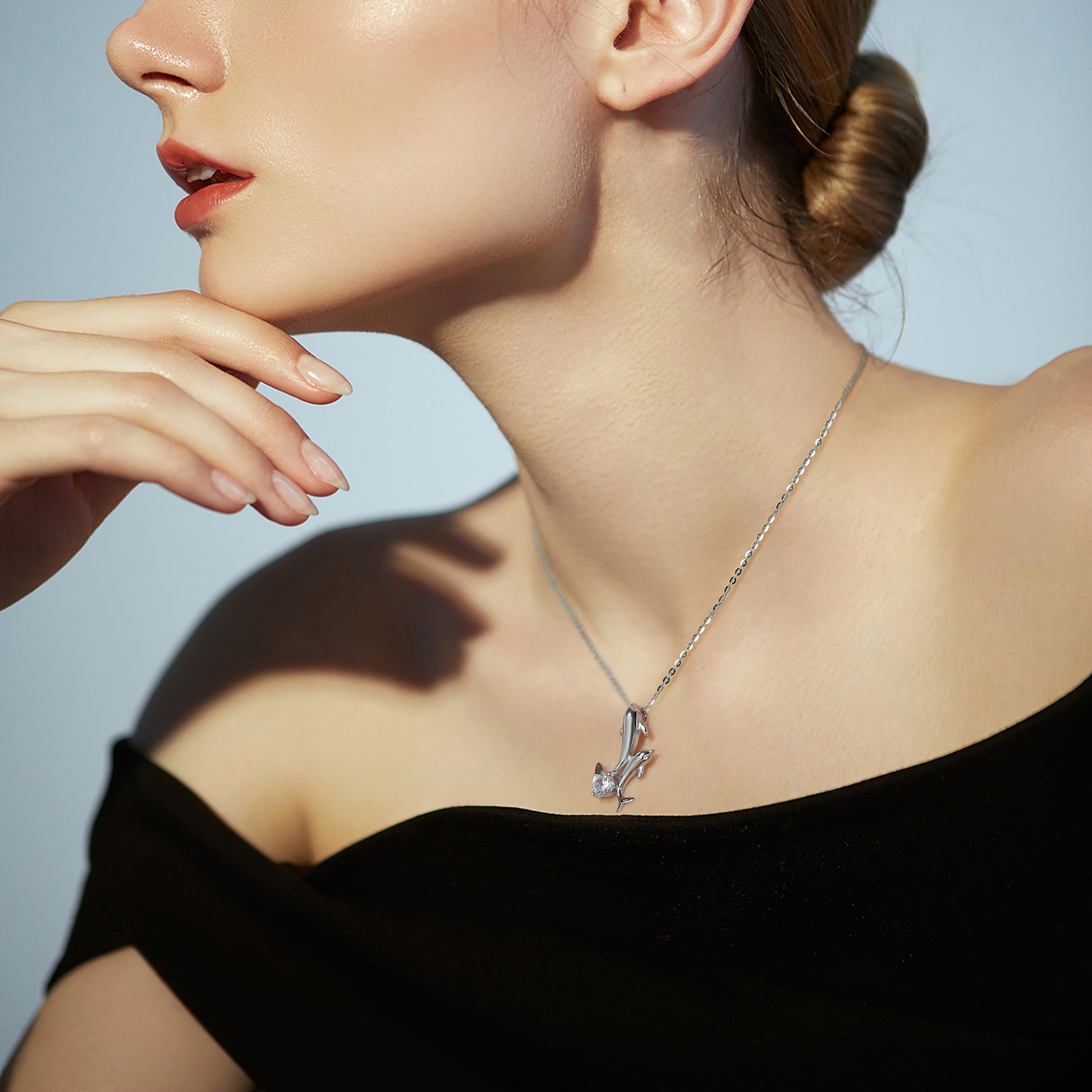 Dolphins Pendant Necklace for Women by Ginger Lyne White Gold Plated Brass with Cubic Zirconia - White Gold Plated