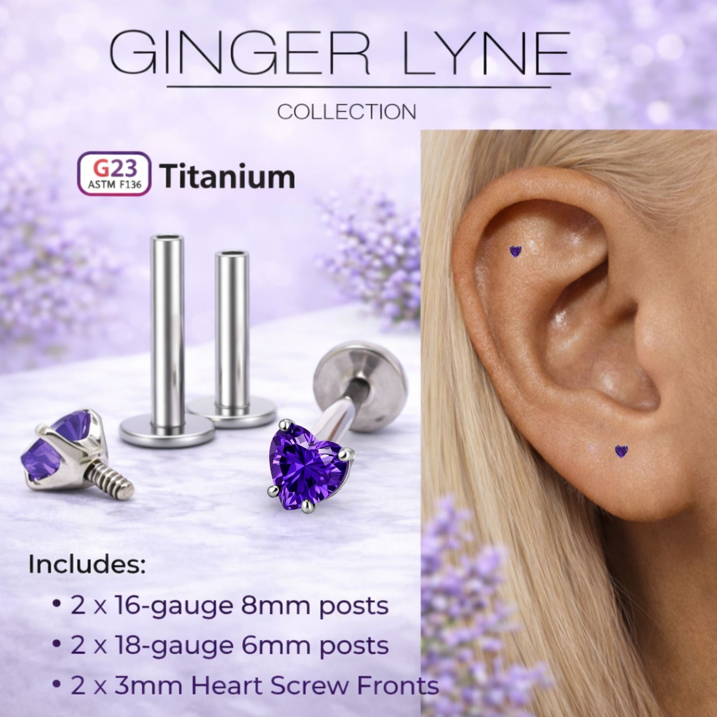 Small Heart CZ Solitaire Flat Back Stud Earrings Titanium Body Piercings by Ginger Lyne 2 Sets Post 6mm 8mm - 3mm-DKPurple