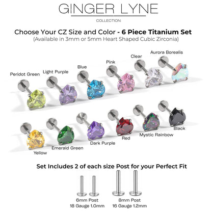 Small Heart CZ Solitaire Flat Back Stud Earrings Body Piercings by Ginger Lyne 2 Sets Post 6mm 8mm Included - 5mm-Pink