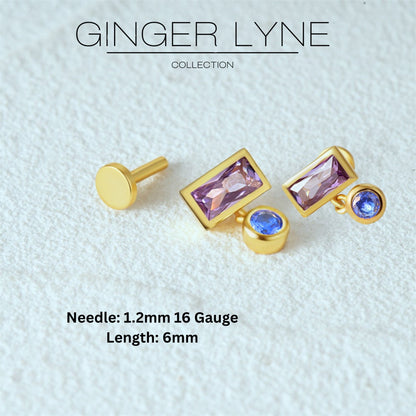 EmeraldCutCZFlatBackEarringsforCartilageHelixTragusLobeGoldPlatedSterlingSilver1pairbyGingerLyneCollection_Purple-3