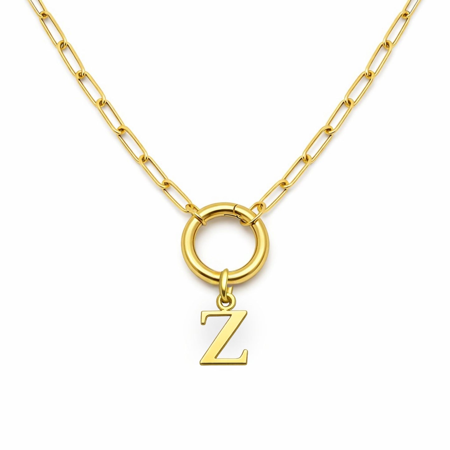 PaperclipLinkCircleCarabinerIntialLetterCharmHolderNecklaceforWomenStainlessSteel20"GingerLyne_Gold-Z-1